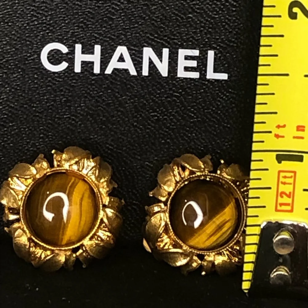 CHANEL 24k Gold Plated Tiger’s Eye Cabochon Clip On Earrings with Box